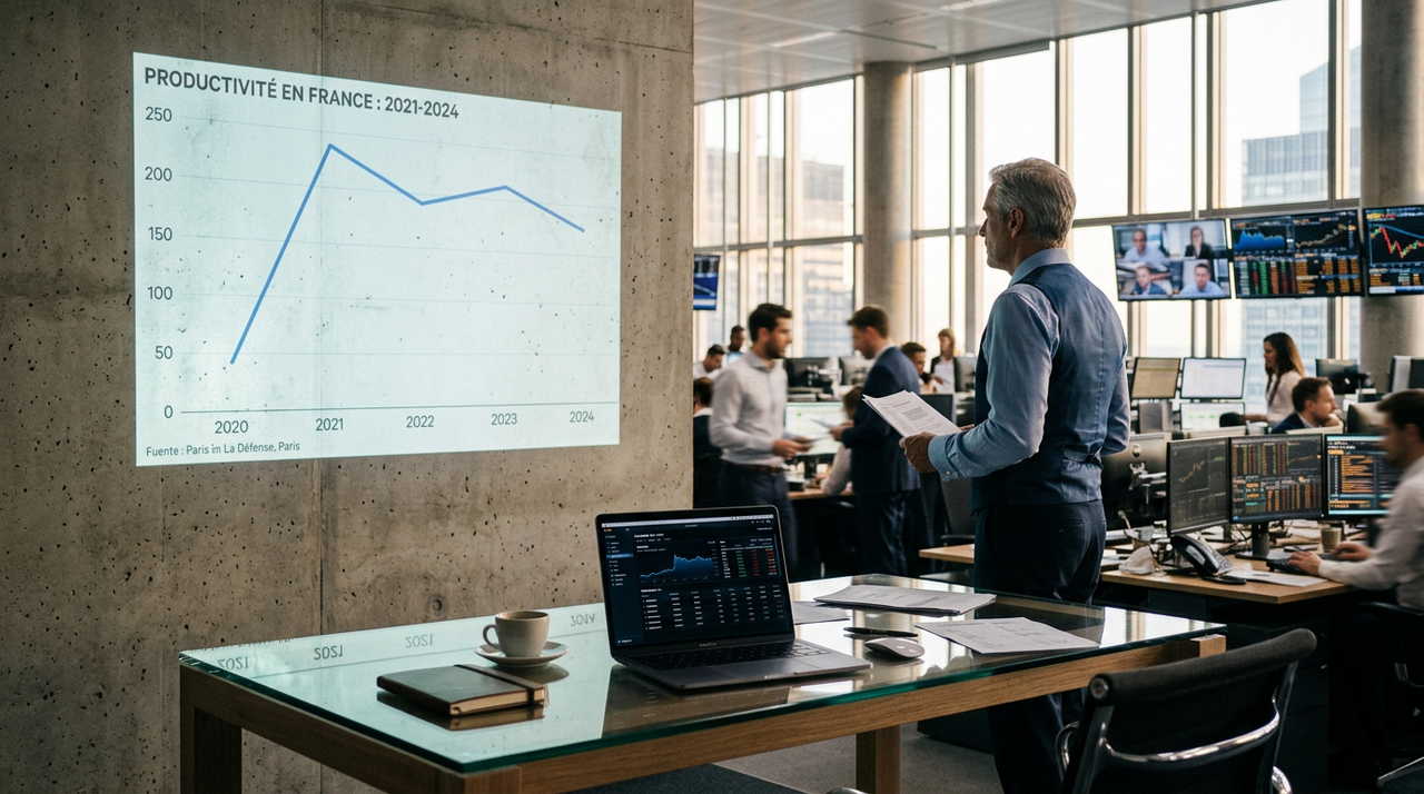 Illustration d'un graphique de productivité en baisse avec des éléments d'intelligence artificielle (IA) et des engrenages, symbolisant le défi de la Productivité par l’IA pour les PME françaises.
