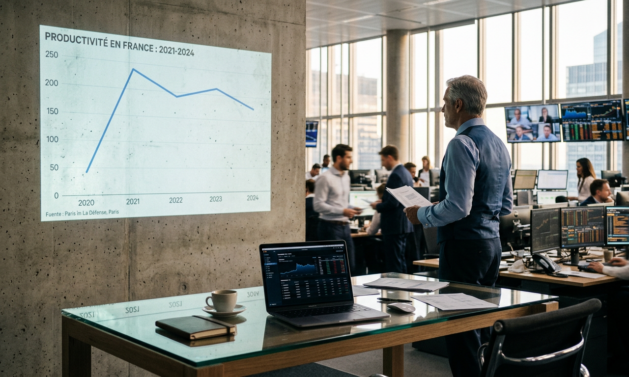 Illustration d'un graphique de productivité en baisse avec des éléments d'intelligence artificielle (IA) et des engrenages, symbolisant le défi de la Productivité par l’IA pour les PME françaises.