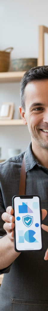 Gros plan sur une main tenant une carte de fidélité numérique sur smartphone, avec un commerçant souriant en arrière-plan, illustrant un programme fidélité commerce moderne.