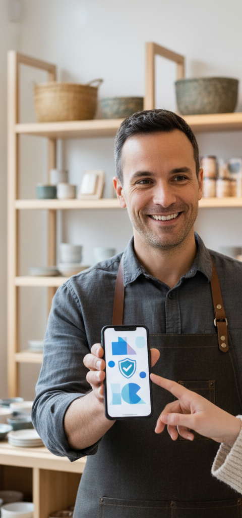 Gros plan sur une main tenant une carte de fidélité numérique sur smartphone, avec un commerçant souriant en arrière-plan, illustrant un programme fidélité commerce moderne.