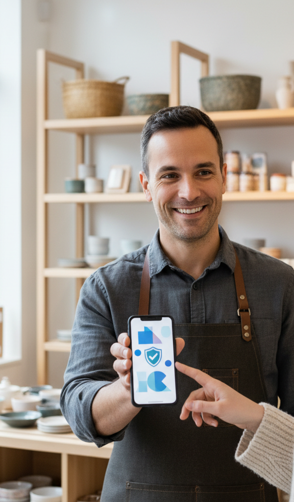 Gros plan sur une main tenant une carte de fidélité numérique sur smartphone, avec un commerçant souriant en arrière-plan, illustrant un programme fidélité commerce moderne.