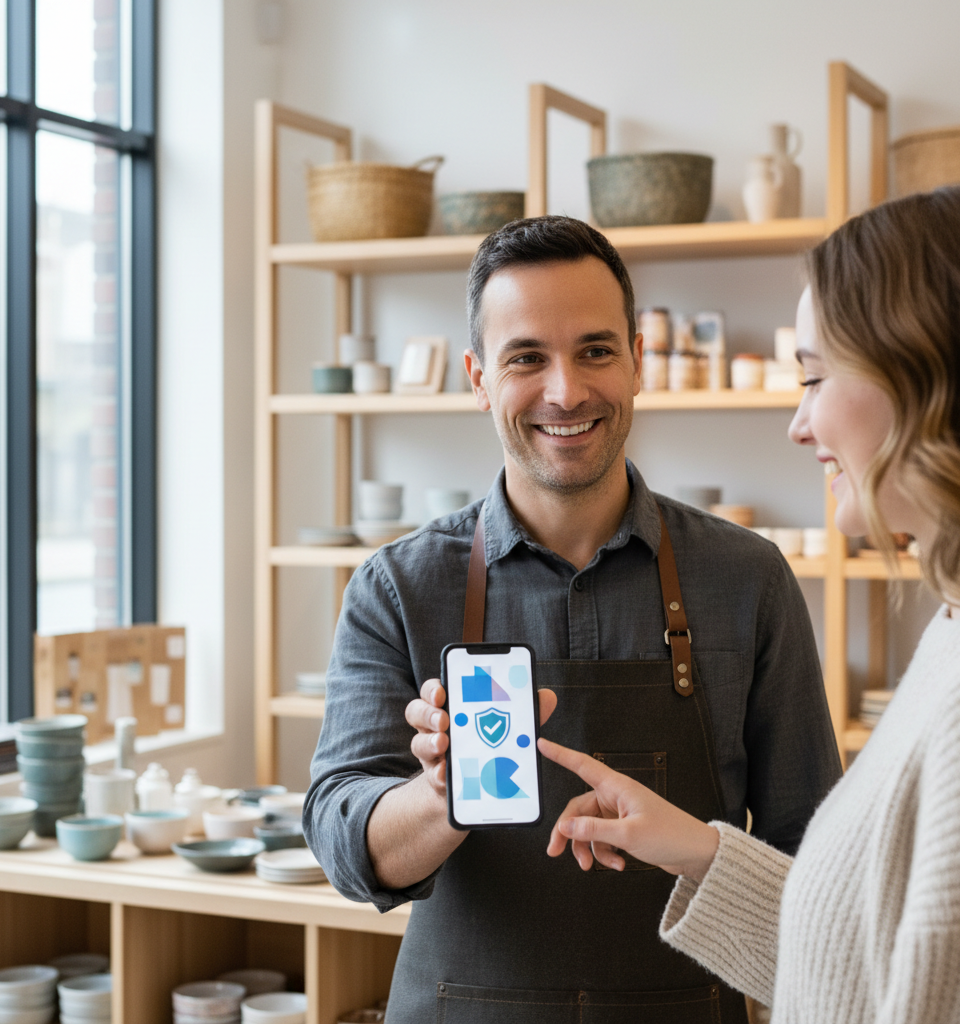 Gros plan sur une main tenant une carte de fidélité numérique sur smartphone, avec un commerçant souriant en arrière-plan, illustrant un programme fidélité commerce moderne.