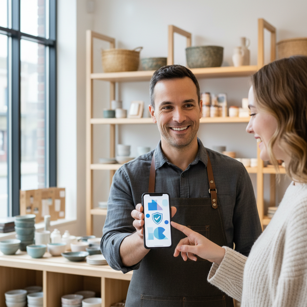 Gros plan sur une main tenant une carte de fidélité numérique sur smartphone, avec un commerçant souriant en arrière-plan, illustrant un programme fidélité commerce moderne.