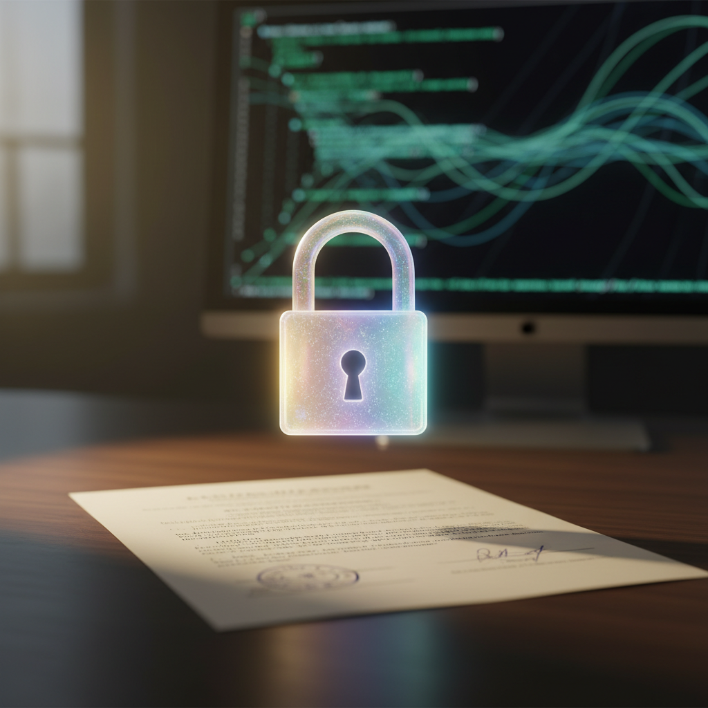 Illustration conceptuelle de la propriété intellectuelle IA, avec des symboles de cadenas et de circuits imprimés protégeant des actifs numériques.