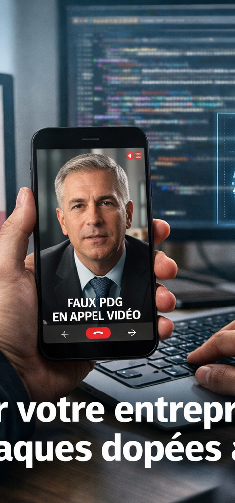 Homme en costume à son bureau, tenant un smartphone affichant un faux appel vidéo d’un dirigeant, avec en arrière-plan un écran d’alerte phishing IA, du code informatique et une interface de sécurité biométrique, illustrant les cyberattaques dopées à l’intelligence artificielle visant les entreprises.