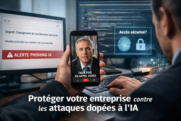 Homme en costume à son bureau, tenant un smartphone affichant un faux appel vidéo d’un dirigeant, avec en arrière-plan un écran d’alerte phishing IA, du code informatique et une interface de sécurité biométrique, illustrant les cyberattaques dopées à l’intelligence artificielle visant les entreprises.