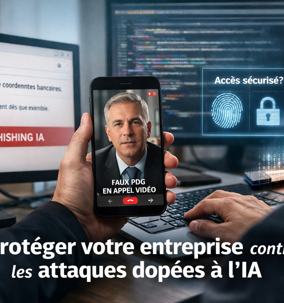 Homme en costume à son bureau, tenant un smartphone affichant un faux appel vidéo d’un dirigeant, avec en arrière-plan un écran d’alerte phishing IA, du code informatique et une interface de sécurité biométrique, illustrant les cyberattaques dopées à l’intelligence artificielle visant les entreprises.
