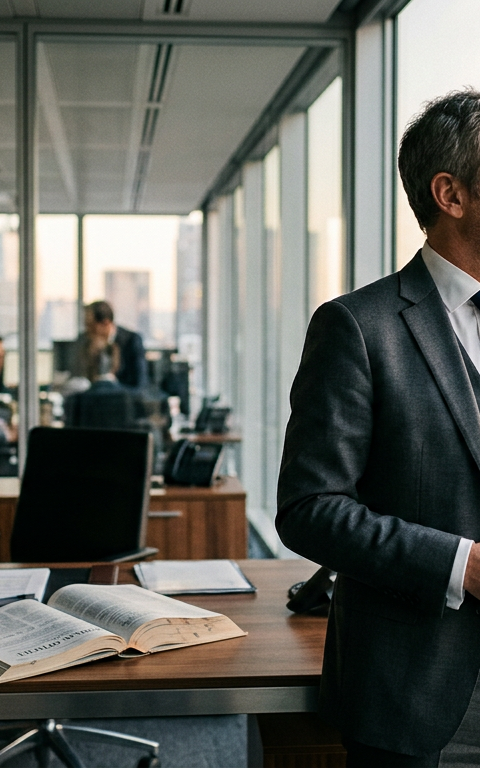 Illustration d'un dirigeant de PME analysant des documents financiers, symbolisant la Publication de Loi de Finances 2026 et ses implications stratégiques.