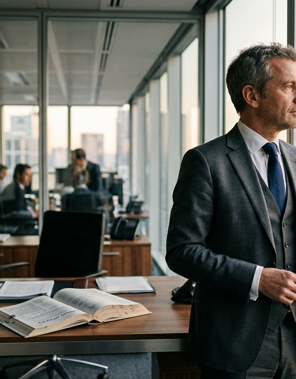 Illustration d'un dirigeant de PME analysant des documents financiers, symbolisant la Publication de Loi de Finances 2026 et ses implications stratégiques.