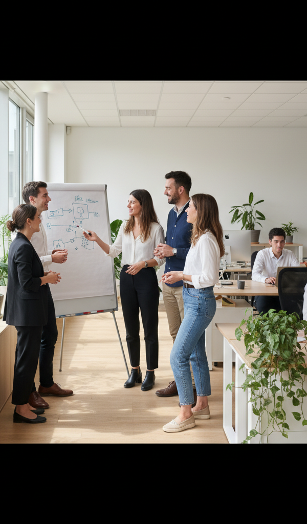 Illustration d'une équipe souriante et engagée dans un environnement de travail moderne, symbolisant une QVCT PME réussie malgré un budget RH contraint.
