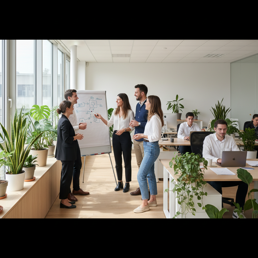 Illustration d'une équipe souriante et engagée dans un environnement de travail moderne, symbolisant une QVCT PME réussie malgré un budget RH contraint.