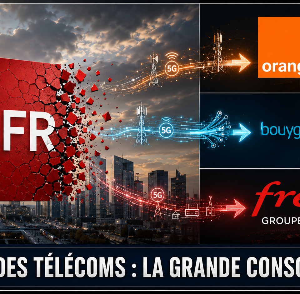 Infographie intitulée « MARCHÉ DES TÉLÉCOMS : LA GRANDE CONSOLIDATION » illustrant graphiquement l'éclatement de l'opérateur SFR et le transfert de ses flux (5G et réseaux) vers ses trois principaux concurrents français : Orange, Bouygues Telecom et Free (Groupe Iliad).