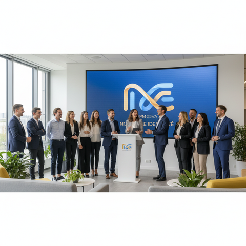 Une équipe de PME célébrant le lancement de leur nouveau branding en 2026, montrant un logo moderne et des couleurs dynamiques, symbolisant le succès d'un changement d'identité visuelle.