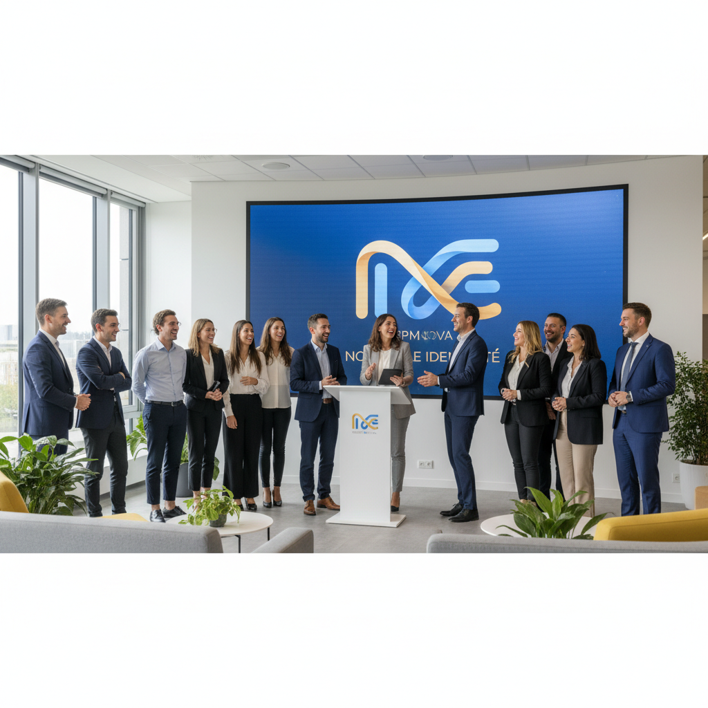 Une équipe de PME célébrant le lancement de leur nouveau branding en 2026, montrant un logo moderne et des couleurs dynamiques, symbolisant le succès d'un changement d'identité visuelle.