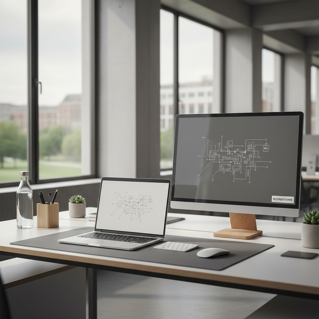 Un ordinateur portable reconditionné posé sur un bureau, symbolisant l'économie circulaire et la réduction du budget hardware des PME.