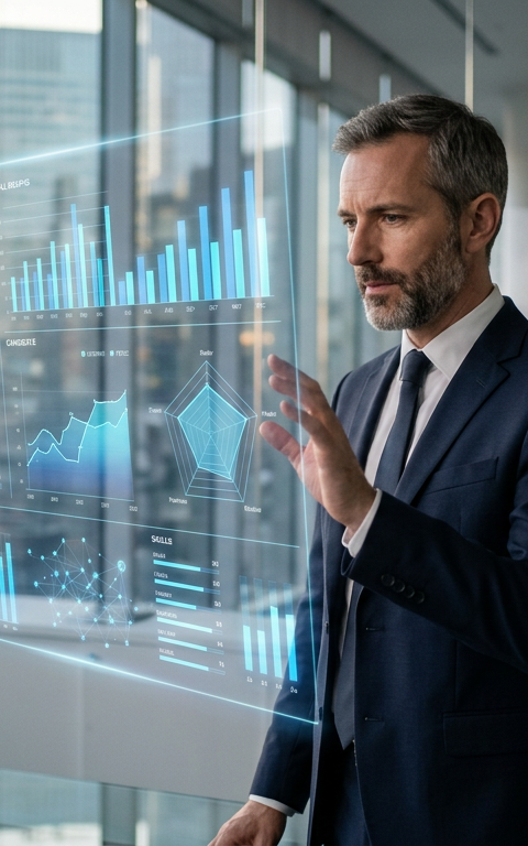 Un manager humain et un robot collaborant devant un tableau de bord numérique, symbolisant le recrutement IA management et la transformation des rôles en entreprise.