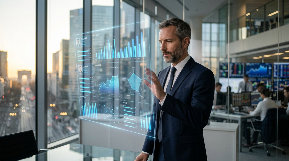Un manager humain et un robot collaborant devant un tableau de bord numérique, symbolisant le recrutement IA management et la transformation des rôles en entreprise.