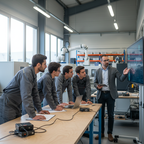 Illustration d'une PME investissant dans la formation interne pour le recrutement IA PME, avec des employés apprenant l'intelligence artificielle, symbolisant la montée en compétences et l'autonomie face à la pénurie de talents.