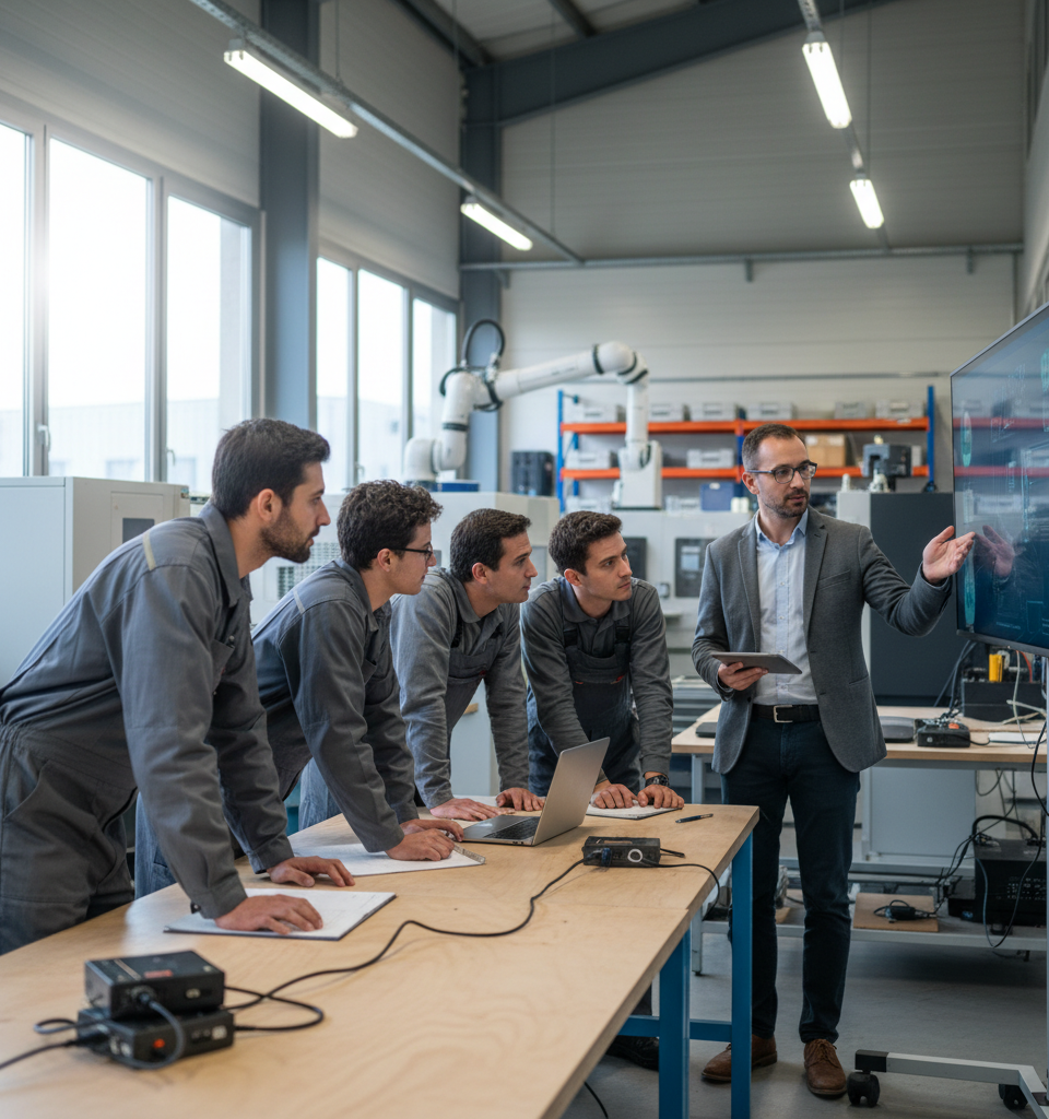 Illustration d'une PME investissant dans la formation interne pour le recrutement IA PME, avec des employés apprenant l'intelligence artificielle, symbolisant la montée en compétences et l'autonomie face à la pénurie de talents.