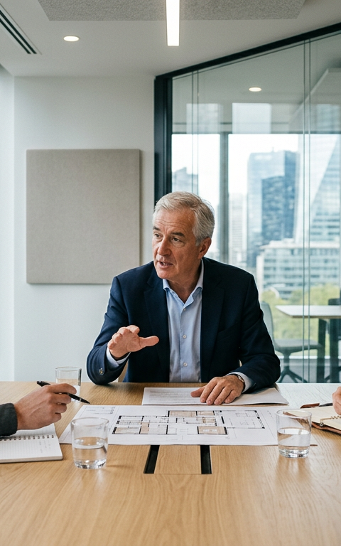 Cinq personnes souriantes et diverses, symbolisant une équipe fondatrice réussie, discutant autour d'une table dans un bureau moderne, illustrant le recrutement stratégique en start-up et PME.