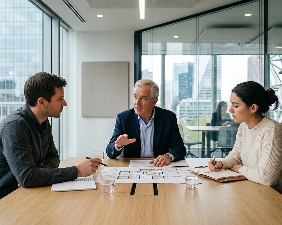 Cinq personnes souriantes et diverses, symbolisant une équipe fondatrice réussie, discutant autour d'une table dans un bureau moderne, illustrant le recrutement stratégique en start-up et PME.