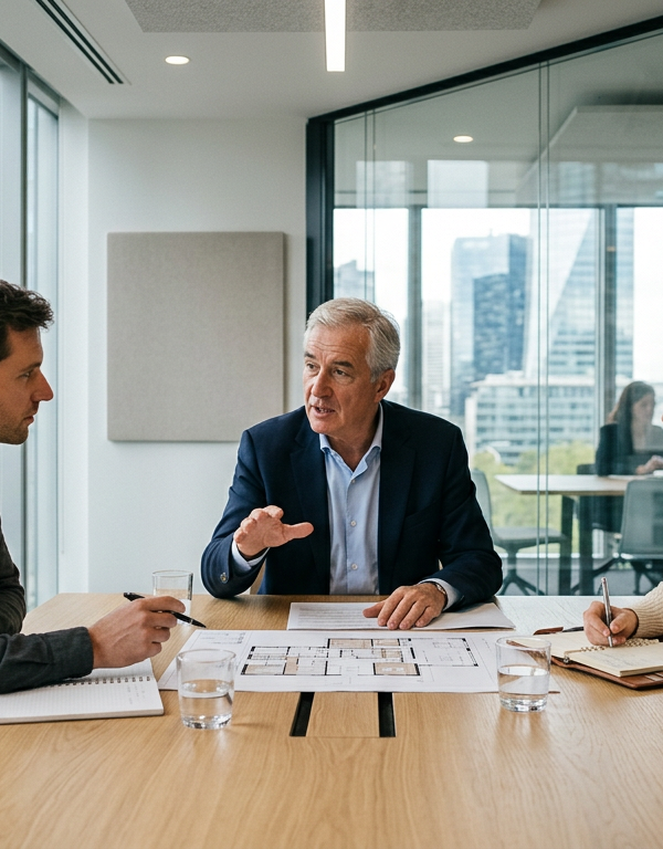 Cinq personnes souriantes et diverses, symbolisant une équipe fondatrice réussie, discutant autour d'une table dans un bureau moderne, illustrant le recrutement stratégique en start-up et PME.