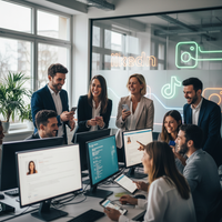 Des employés d'une PME souriants et collaboratifs, symbolisant le recrutement sur les réseaux sociaux pour attirer les talents.