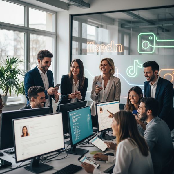 Des employés d'une PME souriants et collaboratifs, symbolisant le recrutement sur les réseaux sociaux pour attirer les talents.