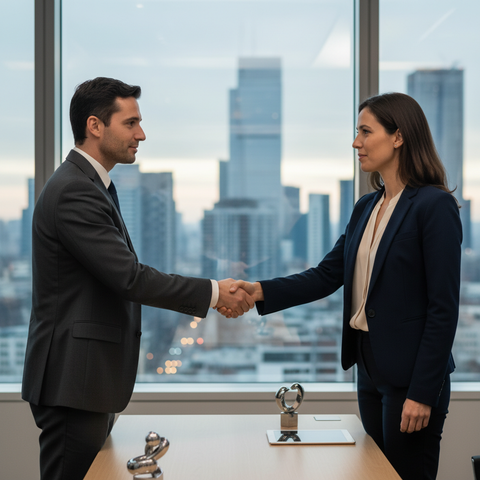 Illustration d'une main tendue entre deux personnes, symbolisant la médiation et la préservation de la relation client lors de la récupération d'impayés.