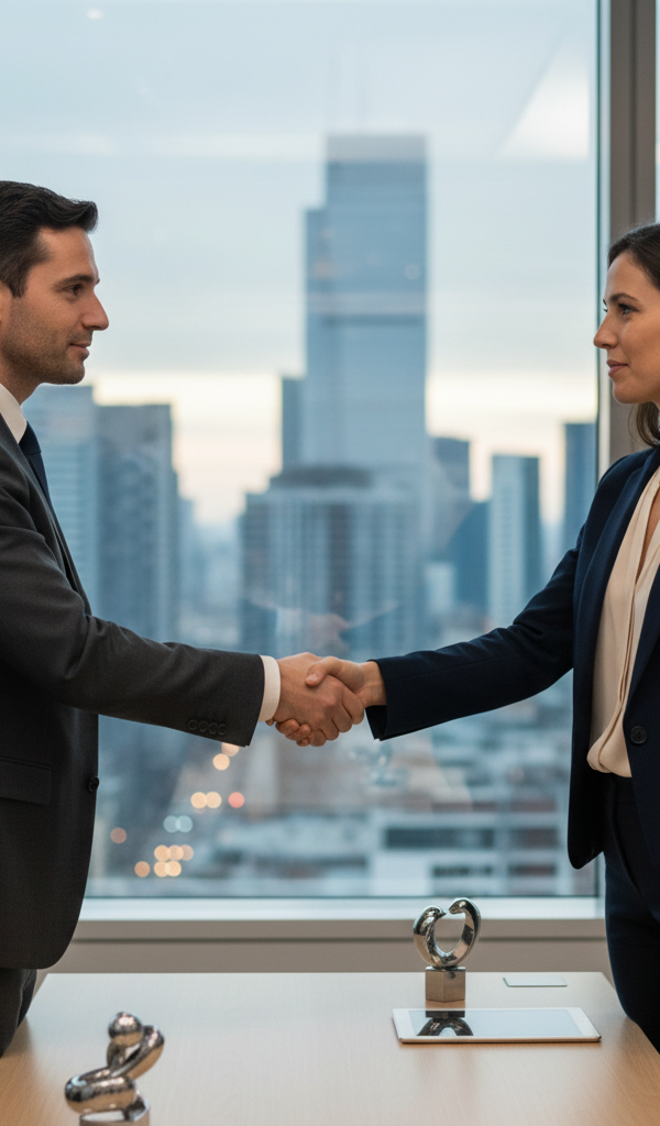 Illustration d'une main tendue entre deux personnes, symbolisant la médiation et la préservation de la relation client lors de la récupération d'impayés.