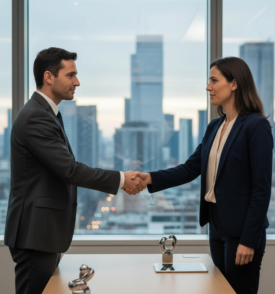 Illustration d'une main tendue entre deux personnes, symbolisant la médiation et la préservation de la relation client lors de la récupération d'impayés.