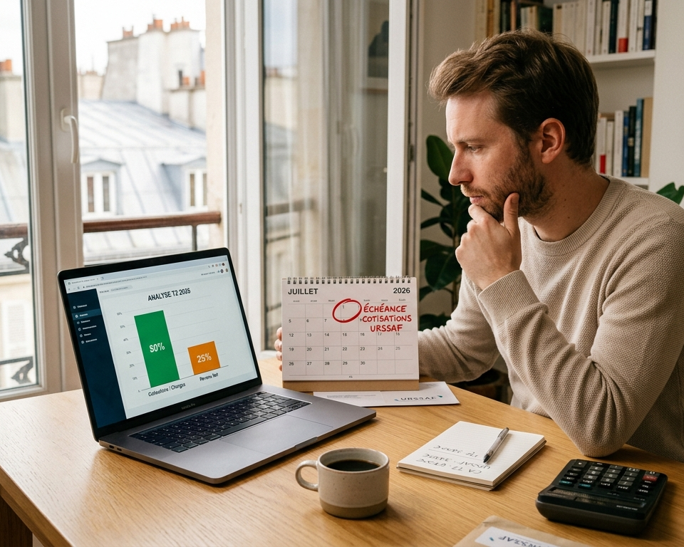 Micro-entrepreneur indépendant dans un bureau parisien analysant ses graphiques financiers face à l'échéance des cotisations URSSAF de juillet 2026.