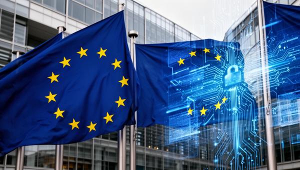 Illustration : drapeaux européens et éléments numériques symbolisant la réglementation DSA et DMA