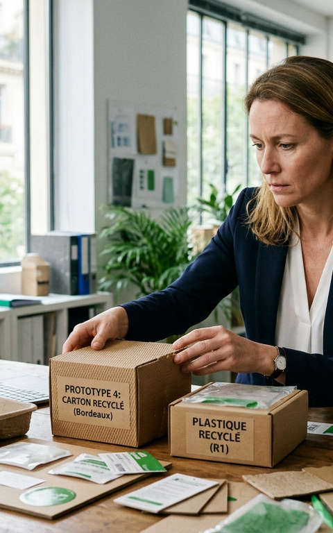 Une petite entreprise agroalimentaire, symbolisée par un chef ou un artisan, confrontée à une pile de documents sur la réglementation emballages, avec des emballages durables en arrière-plan.
