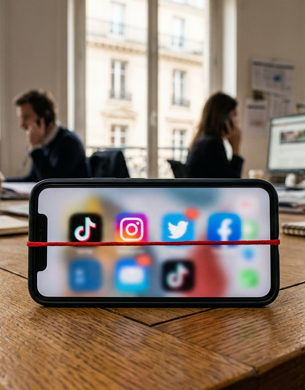 Illustration d'un smartphone avec des icônes de réseaux sociaux et un panneau d'interdiction, symbolisant la régulation des réseaux sociaux pour les mineurs.