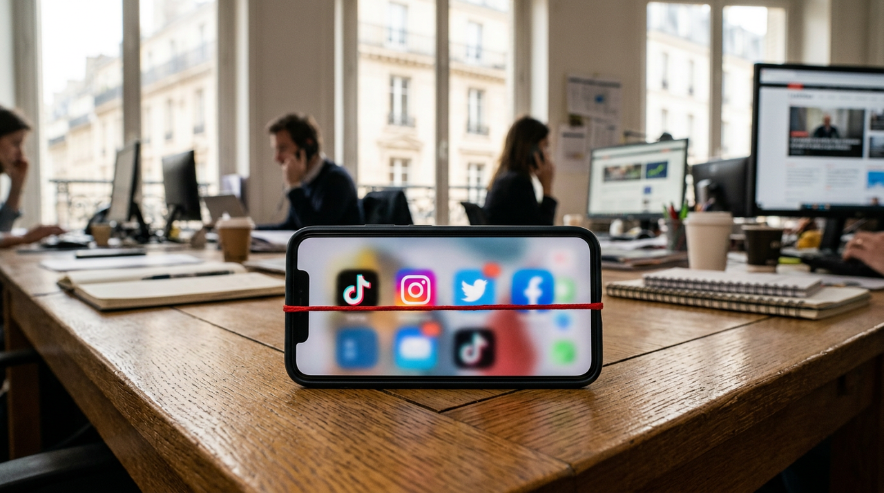 Illustration d'un smartphone avec des icônes de réseaux sociaux et un panneau d'interdiction, symbolisant la régulation des réseaux sociaux pour les mineurs.