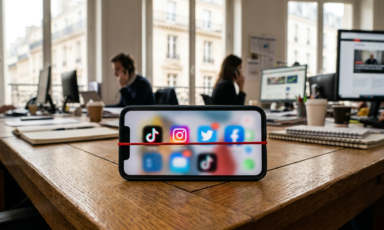 Illustration d'un smartphone avec des icônes de réseaux sociaux et un panneau d'interdiction, symbolisant la régulation des réseaux sociaux pour les mineurs.