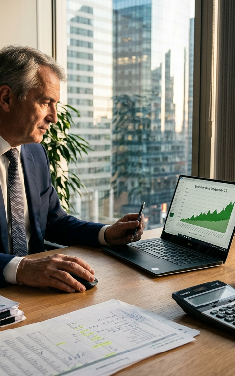 Dirigeant de PME souriant devant un ordinateur, analysant des chiffres, symbolisant la gestion stratégique d'un remboursement impôts inattendu.