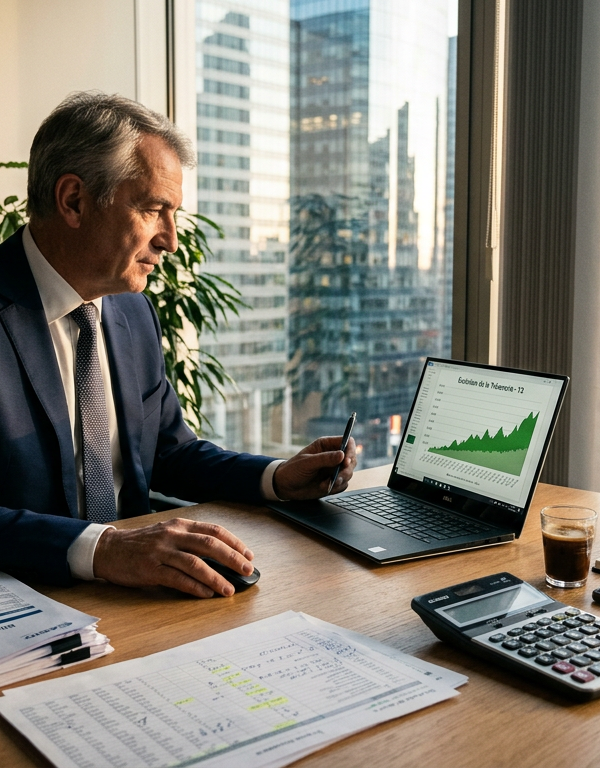 Dirigeant de PME souriant devant un ordinateur, analysant des chiffres, symbolisant la gestion stratégique d'un remboursement impôts inattendu.