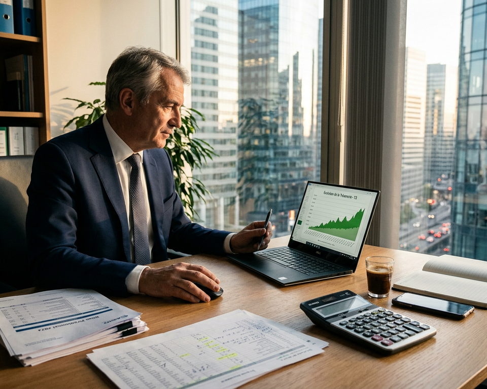 Dirigeant de PME souriant devant un ordinateur, analysant des chiffres, symbolisant la gestion stratégique d'un remboursement impôts inattendu.