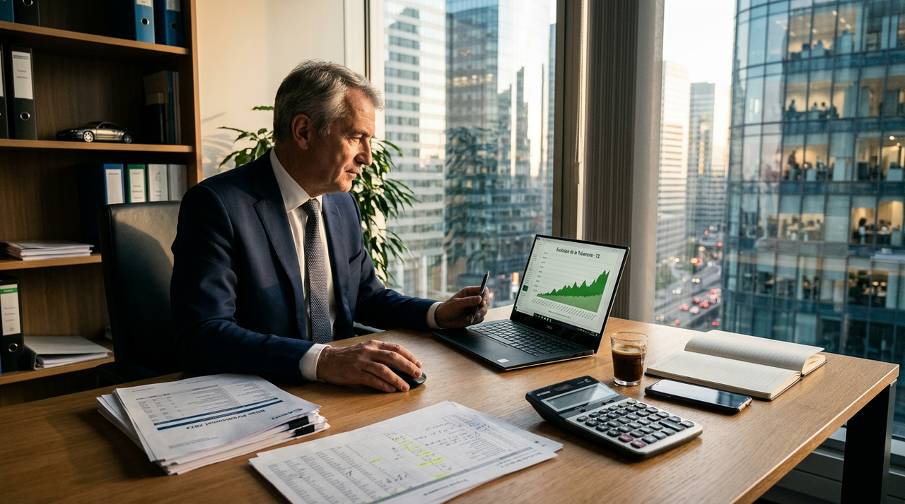 Dirigeant de PME souriant devant un ordinateur, analysant des chiffres, symbolisant la gestion stratégique d'un remboursement impôts inattendu.