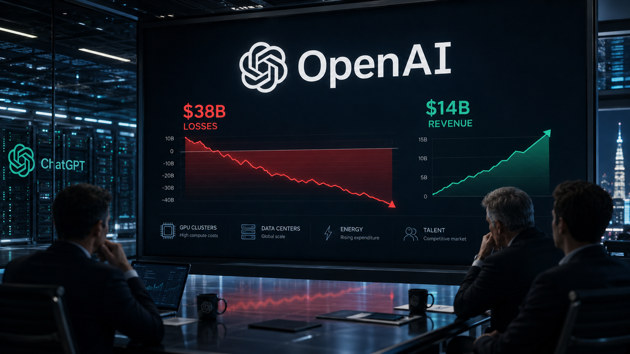 Tableau de bord financier d’OpenAI affichant 38 milliards de dollars de pertes face à 14 milliards de revenus, dans un environnement de data centers et d’infrastructure IA.