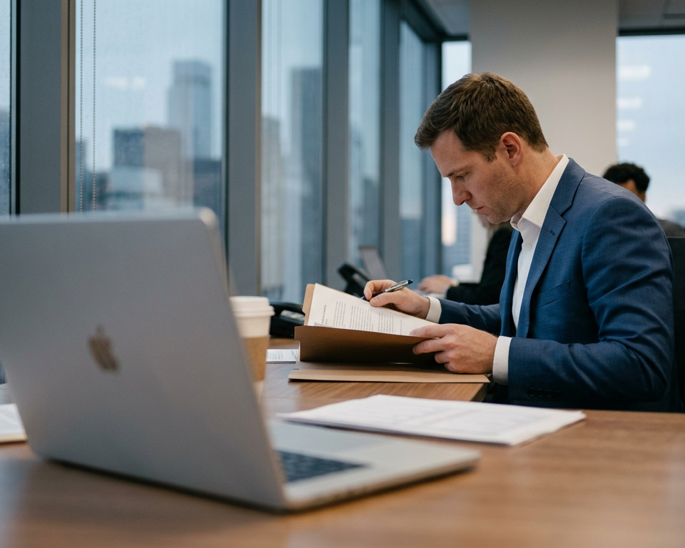 Illustration d'un inspecteur URSSAF examinant des documents, symbolisant la requalification auto-entrepreneur URSSAF et les contrôles accrus en 2026.