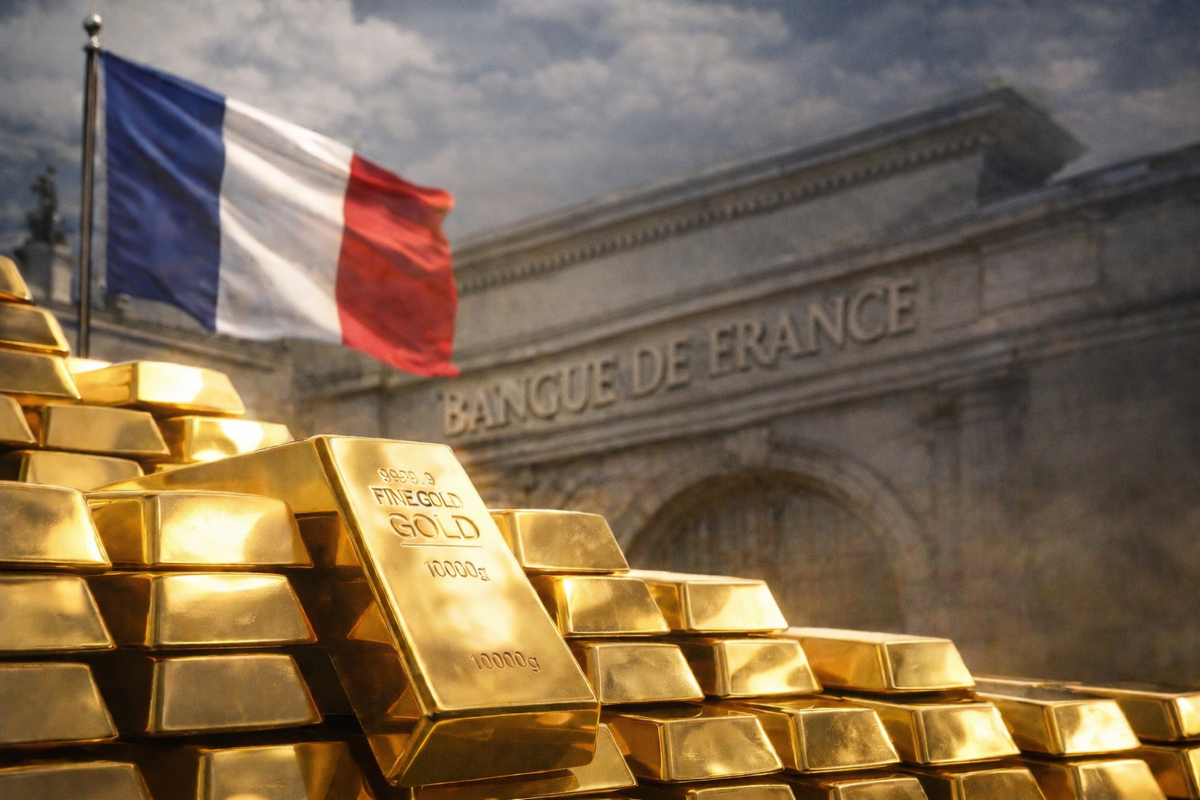serves d’or de la France en format paysage, avec lingots d’or au premier plan, drapeau français flottant et façade de la Banque de France en arrière-plan, pour illustrer la puissance monétaire, la sécurité financière et le rôle stratégique de l’or dans les réserves nationales.