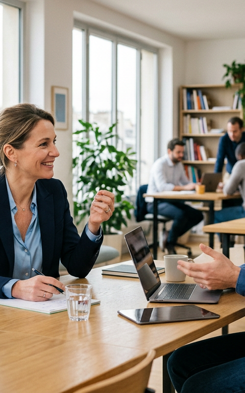 Une équipe de jeunes professionnels souriants et diversifiés travaillant ensemble, symbolisant l'attractivité des Ressources Humaines pour les PME.