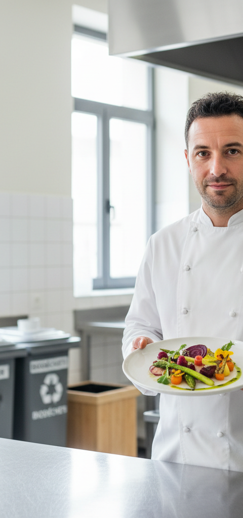 Illustration d'un chef cuisinier souriant, entouré de légumes frais et d'éléments symbolisant la restauration durable 2026 et l'économie circulaire.