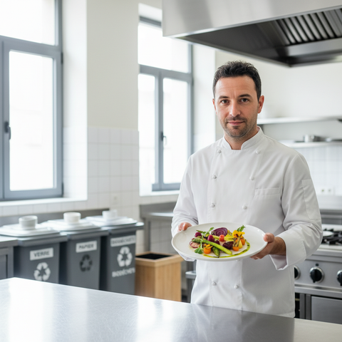 Illustration d'un chef cuisinier souriant, entouré de légumes frais et d'éléments symbolisant la restauration durable 2026 et l'économie circulaire.