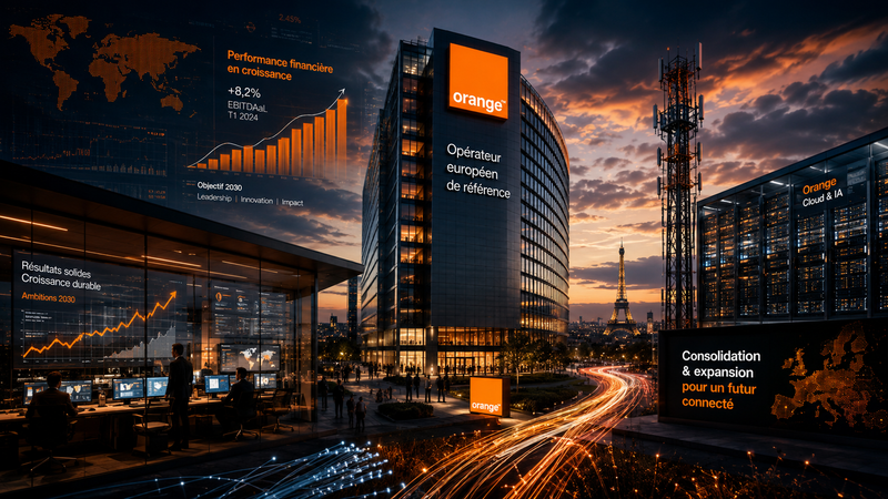 Siège d’Orange à Paris dans une scène futuriste mêlant tour télécom, datacenter, tableaux de performance et infrastructures numériques, pour illustrer les résultats du groupe et sa stratégie d’expansion dans l’IA.