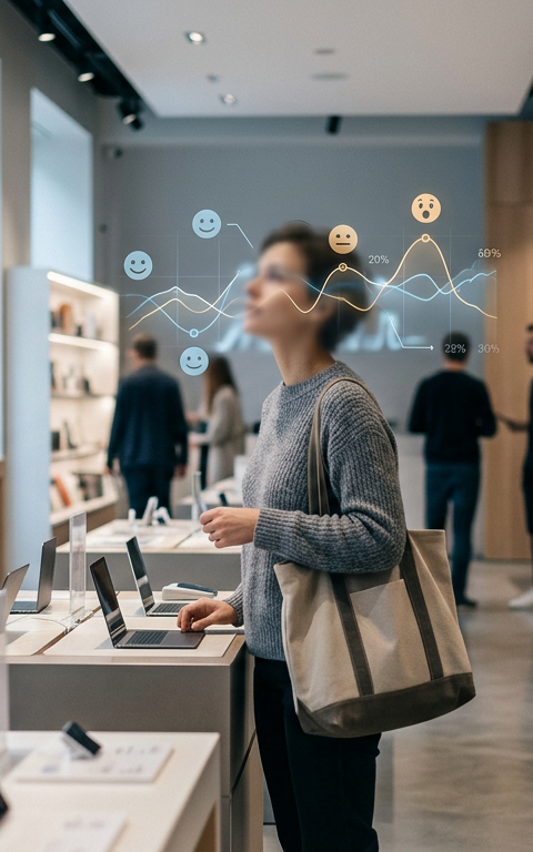 Une interface numérique affichant des visages stylisés avec des indicateurs d'émotions (joie, neutralité, tristesse) superposés sur une image floue d'un magasin de détail, symbolisant l'analyse des sentiments clients par la Retail IA émotionnelle.
