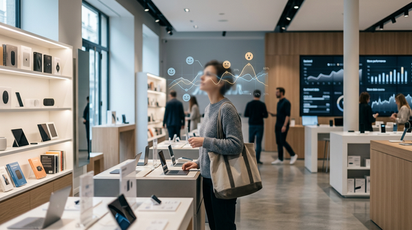 Une interface numérique affichant des visages stylisés avec des indicateurs d'émotions (joie, neutralité, tristesse) superposés sur une image floue d'un magasin de détail, symbolisant l'analyse des sentiments clients par la Retail IA émotionnelle.